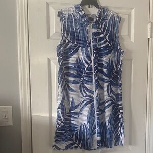 Tropical Blue Leaf Print Sleeveless Dress